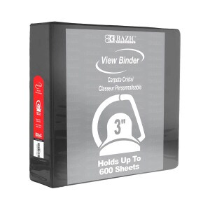 A three inch d-ring binder in black.